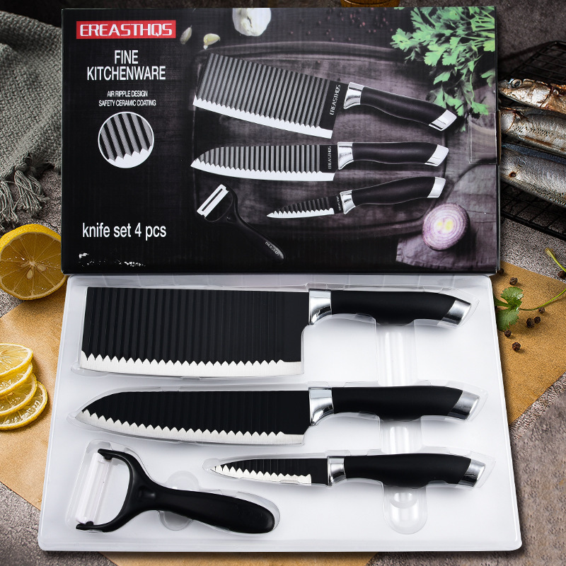 Fábrica directa de comercio exterior nueva cocina doméstica cuchillo de acero inoxidable cuchillo de cocina ondulado cuatro piezas en stock