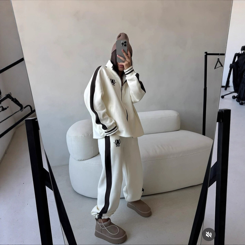 2025 New Autumn and Winter Lapel Contrasting Color Splicing Suit Women's Fashion Half-Zip Sweatshirt + Straight Pants Two-Piece Set