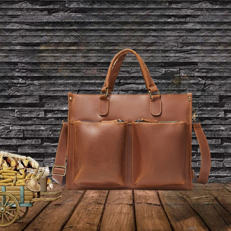 Cross-border Men's Genuine Leather Laptop Bag Crazy Horse Leather Business Commuter Fashionable Horizontal Shoulder Crossbody Briefcase
