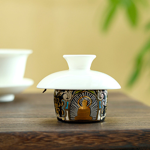 Dunhuang thangka cover with gold and silver staggered retro gold totem cup holder lid bowl holder accessories tea bowl tea set tea ceremony accessories