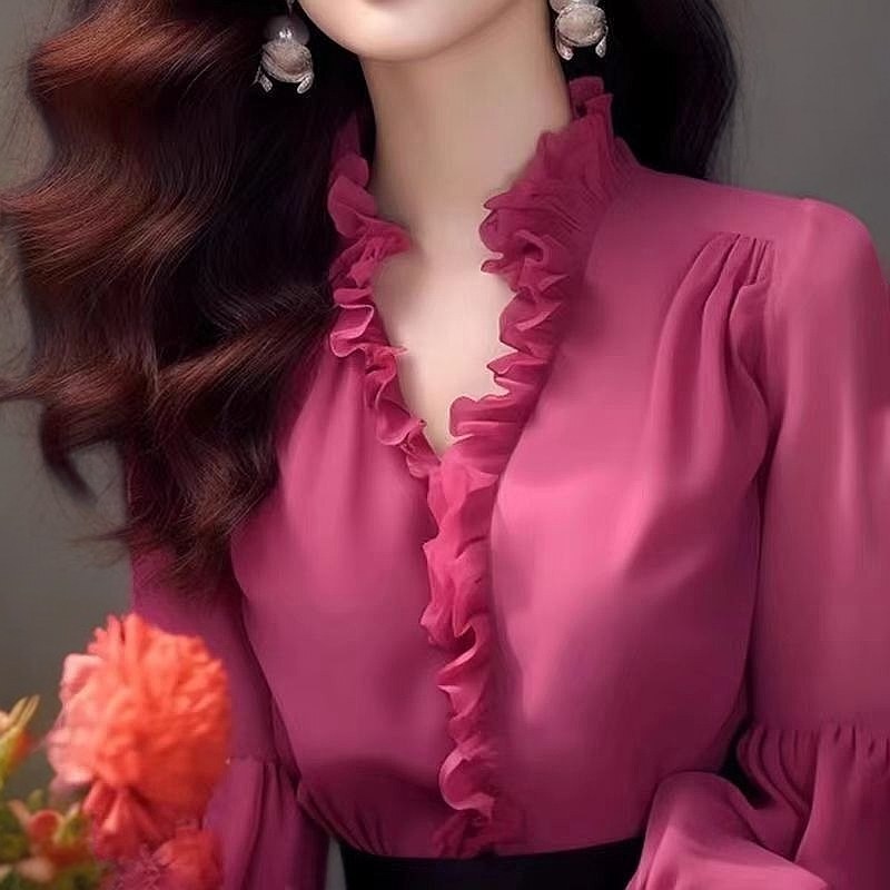 French 2025 Spring and Summer Spun Shirt, High-End, Fashionable, Beautiful, Rose Red Shirt, Top for Women, Polyester