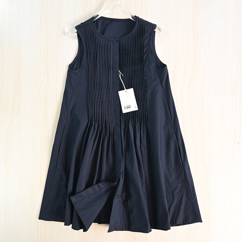 Siqi Women's Clothing 266/1 Nordic Style Poplin Cotton Accordion Pleated Round Neck Hidden Placket Casual A-Line Sleeveless Dress Siqi Women's Clothing 266/1 Nordic Style Poplin Cotton Accordion Pleated Round Neck Hidden Placket Casual A-Line Sleeveless Dress