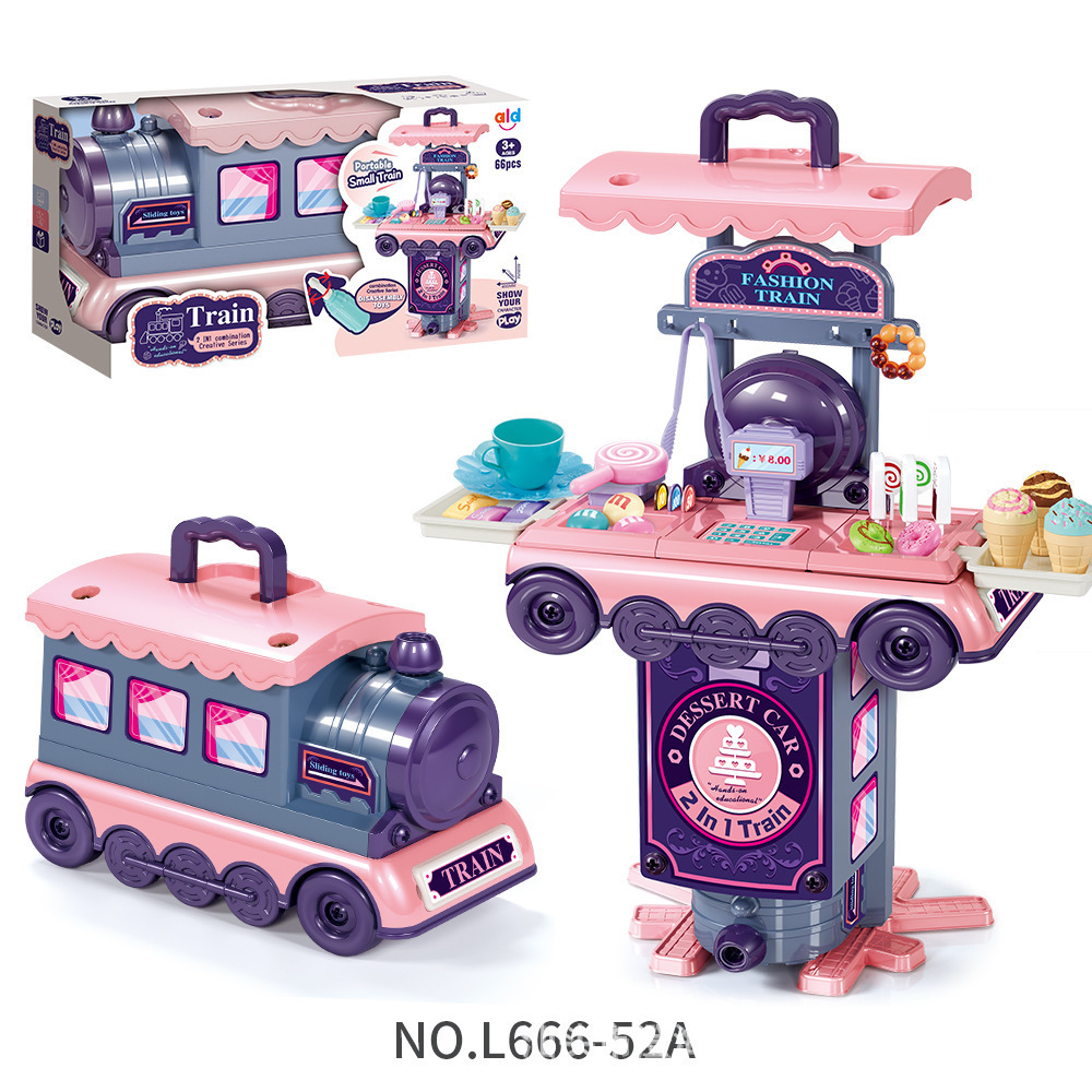 Comercio exterior para niños simulación de tren en casa cocina cubiertos de tocador herramientas de joyería juego de postres juguetes médicos