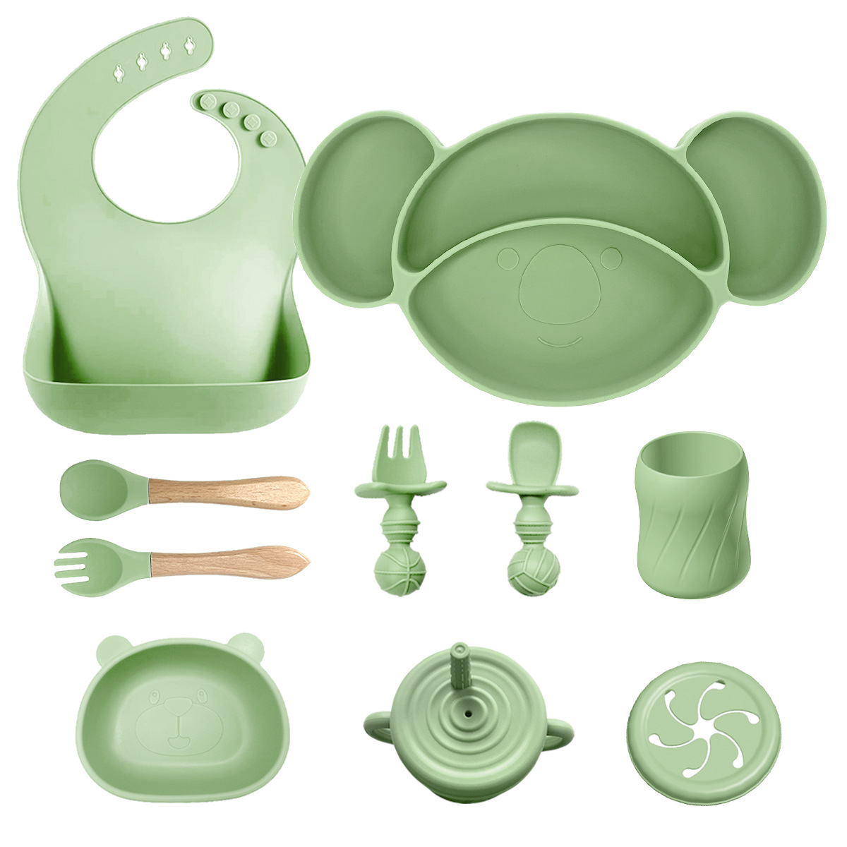 墨绿色10件套-树袋熊+熊猫碗+围兜+木叉勺+短叉勺+水滴杯