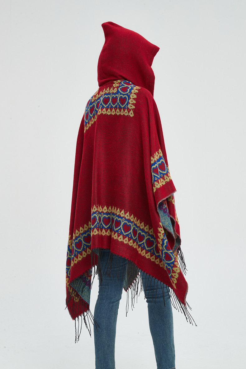 Mantello invernale unisex con scialle primaverile e autunnale Stile etnico Mantello con cappuccio con frange rosse Love_voghion.com