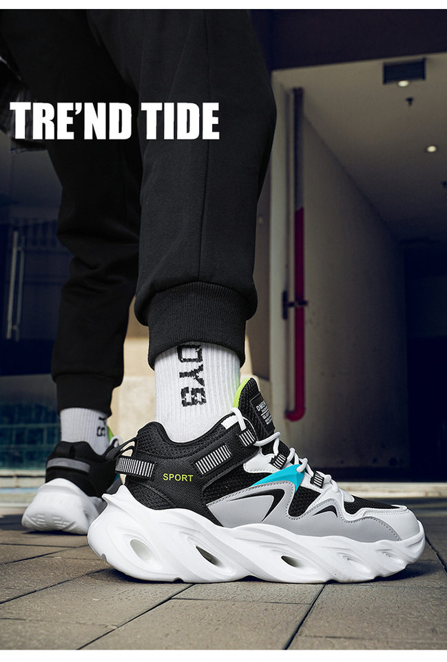Giày thể thao nam cỡ lớn đế dày tăng chiều cao, thân lưới thoáng khí, kiểu dad shoes chạy bộ — 2607 màu đen, 2607 đen trắng xám, 2607, màu đen, trắng và đỏ chi tiết 15