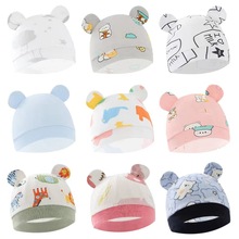外贸欧美新生儿胎帽婴儿帽卡通印花双耳宝宝帽子8320