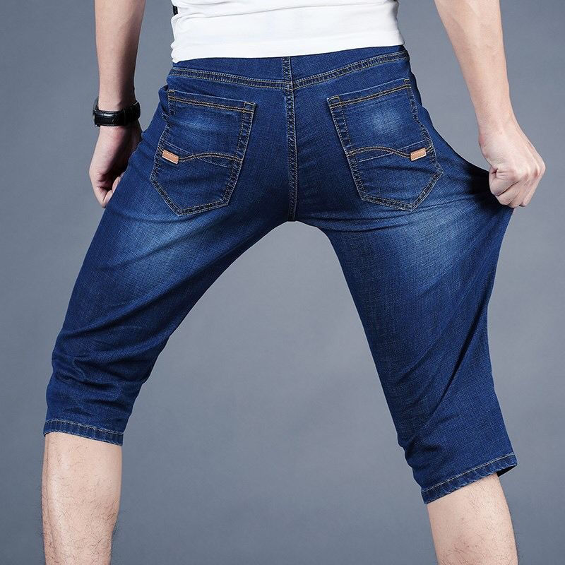 Summer Thin Men's Denim Mid-Pants Straight-Leg Loose Casual Versatile Breeches Men's Elastic Half-Length Pants Summer Thin Men's Denim Mid-Pants Straight-Leg Loose Casual Versatile Breeches Men's Elastic Half-Length Pants