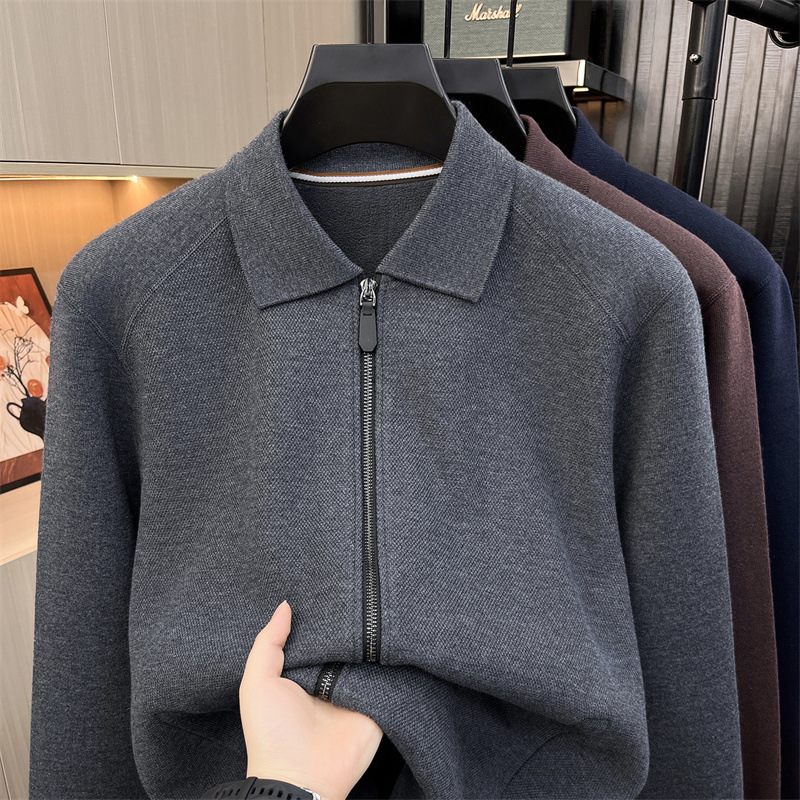 Autumn men's casual zip-up knit sweater, solid color, long-sleeved cardigan, elastic, slim fit, versatile and trendy Autumn men's casual zip-up knit sweater, solid color, long-sleeved cardigan, elastic, slim fit, versatile and trendy