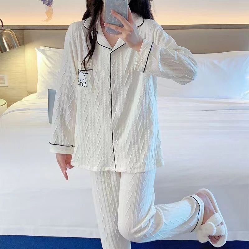 Al por mayor transfronterizo primavera y otoño nuevo algodón jacquard pijama de manga larga de mujer cardigan con solapa dulce encantador conjunto de ropa para el hogar