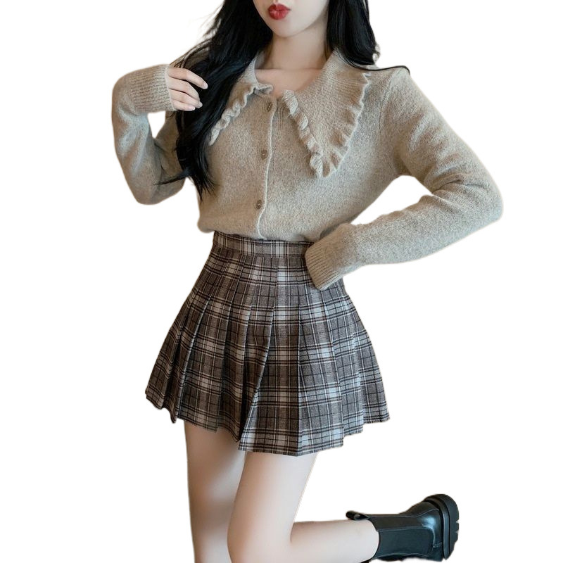 가을과 겨울 새로운 인형 칼라 니트 코트 높은 허리 슬리밍 주름 격자 무늬 스커트 세트 여성