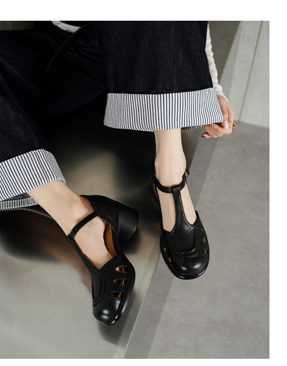 Sandal cao gót nữ mũi nhọn quai ngang khóa T, gót 5 cm, da bò thật — đen chi tiết 11