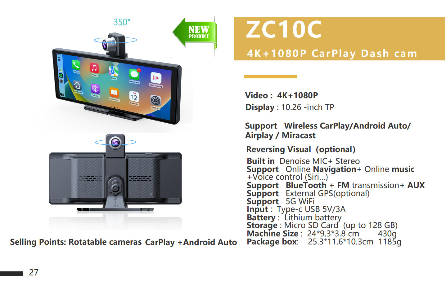 10.26 inch Wireless Carplay Car Navigation MP5 Dash Cam 4k