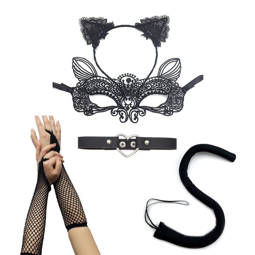 Halloween props sexy princess cat costume black lace mask cat ears headband prom eye mask set