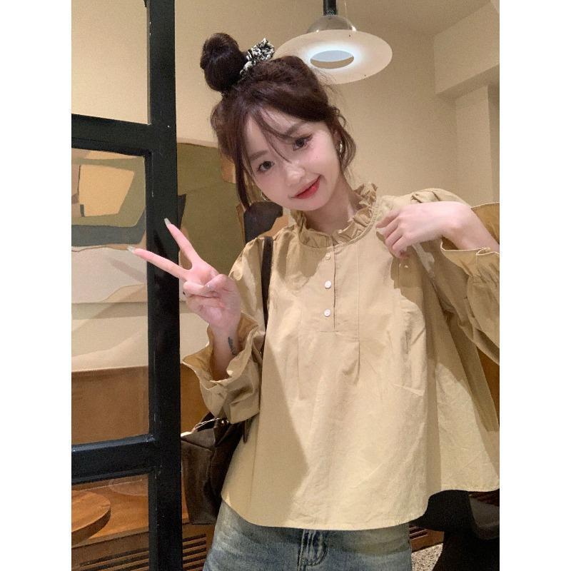 立领白色衬衫女长袖秋季2025新款宽松衬衣甜美小众法式上衣条纹|undefined