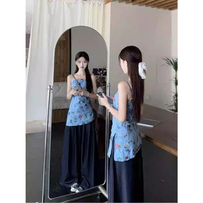 复古设计感套装女夏季2025新款花朵刺绣吊带背心阔腿休闲裤两件套|undefined
