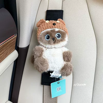 Cute Cat Car Seatbelt Shoulder Pad, Plush and Comfortable, Anti-Strangle Protection Cover, Universal Car Interior Decoration (Sürətlər qutusu və əl tormozu başlıqları) - black-linen-shoulder-pads-sitting-posture-palm-treasure-siamese-brown-bear-hat-single