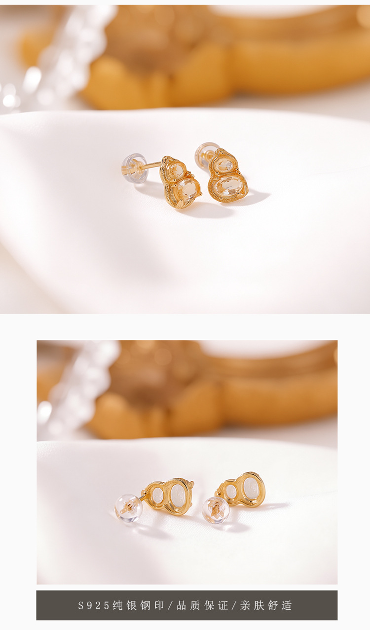 Khuyên tai nữ bạc S925 đính đá pha lê vàng hình hồ lô phong thủy — Cặp đôi chi tiết 5