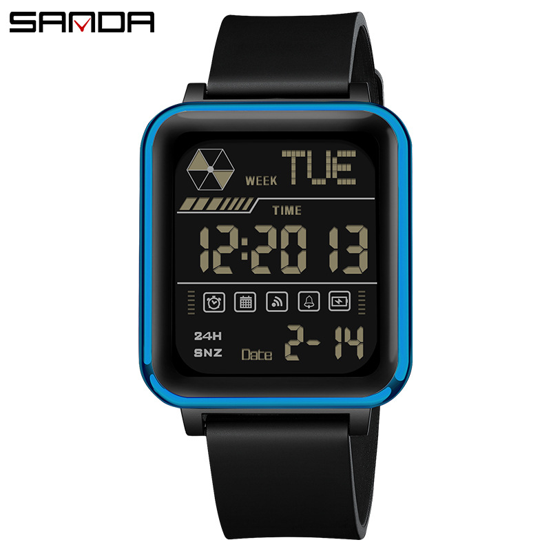 Sanda moda cuadrada personalidad reloj masculino y adolescente impermeable reloj electrónico multifuncional de luz nocturna