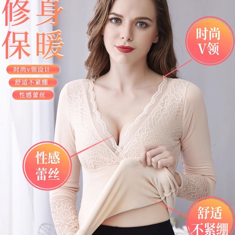 Lace V Neck Thermal Vest Women's Large Size Cold-Proof Winter Shaping All-In-One Velvet Intimates Fleece-Lined Thickeneded Single Top