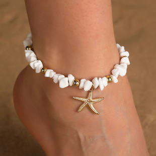 Shell Anklet for Girls, High-End European and American Beach Style Starfish, Asymmetrical White Gravel, Versatile Beads, Adjustable