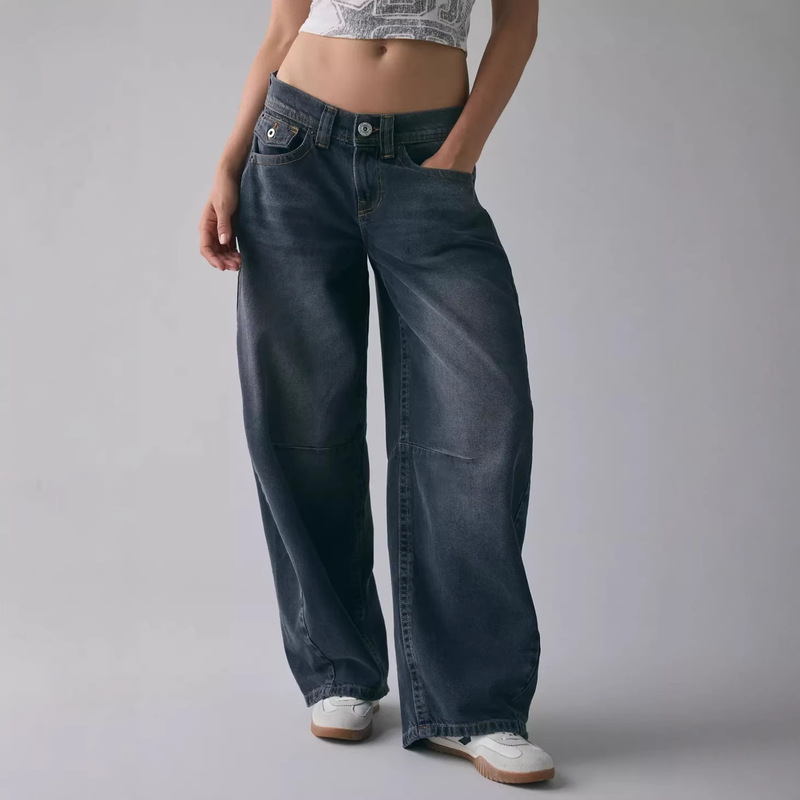 Cross-Border Amazon Foreign Trade Embroidered Washed Low-Waist Balloon Jeans for Women, Loose Wide-Leg Barrel-Shaped Long Pants Wholesale