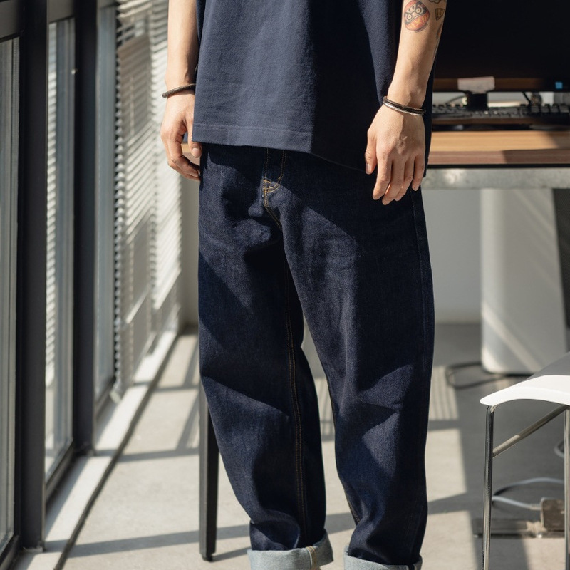 Cross-Border Men's Clothing | Classic Japanese Workwear 14oz Unbleached Selvedge Denim Deep-Rise Wide-Leg Loose-Fit Men's Jeans
