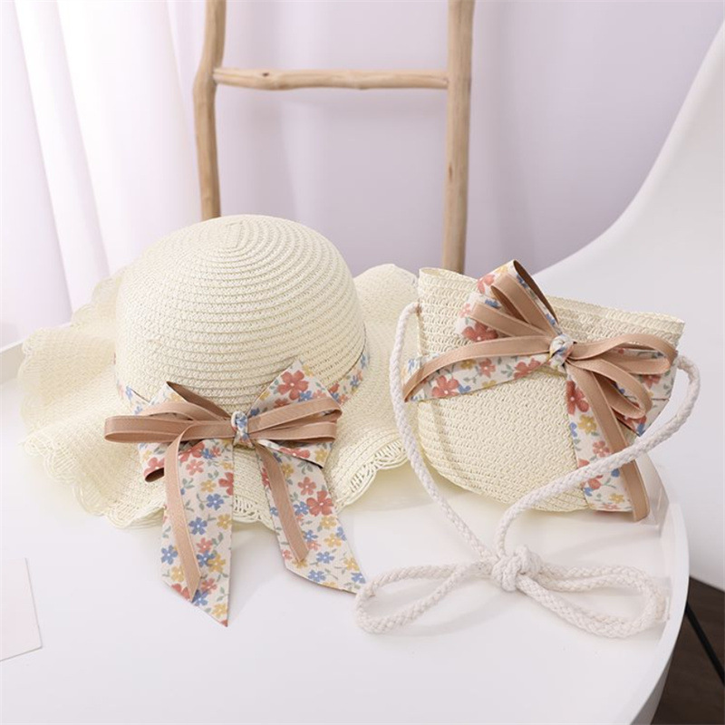 Double-layer large bow wavy edge straw hat-milk white
