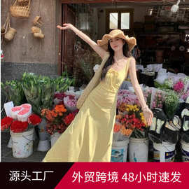 黄色碎花系带吊带	初夏精致连衣裙甜美收腰a字长裙修身包臀裙子