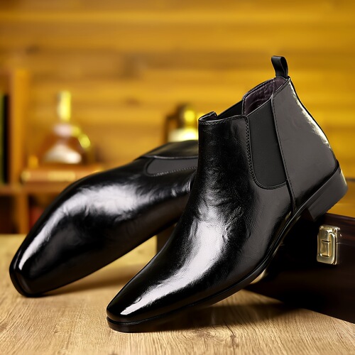 British pointed toe short boots with soft leather, breathable lychee pattern, high-top men's Korean version casual one-piece Chelsea boots