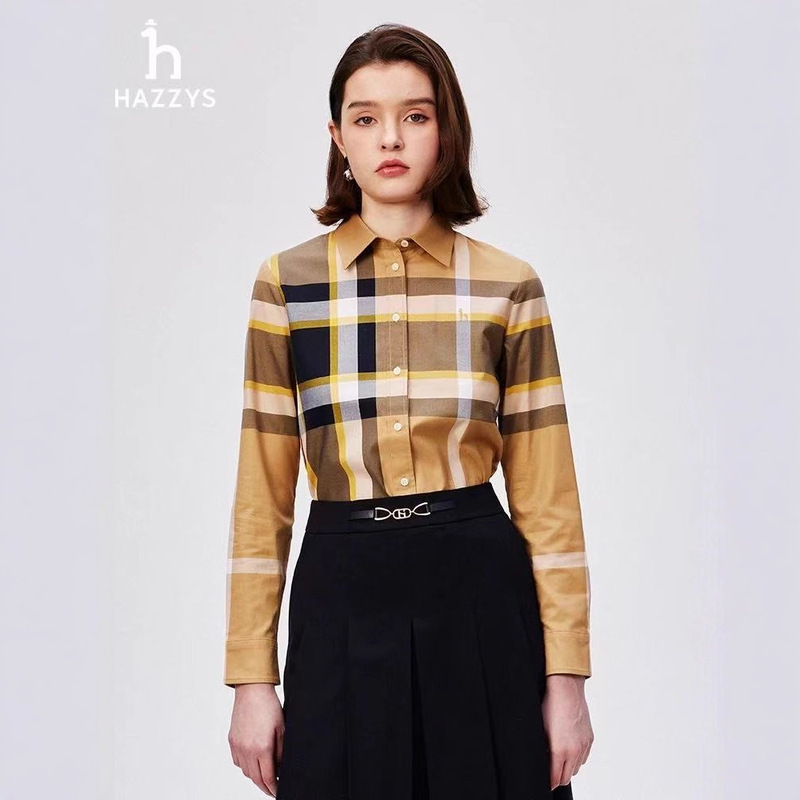 跨境 Hazzys哈吉斯长袖衬衫上衣女秋冬设计感格纹衬衣外套|undefined