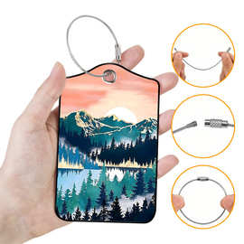 创意山水图案跨境双面料油边款皮革temu现货挂绳登机牌旅行箱配件