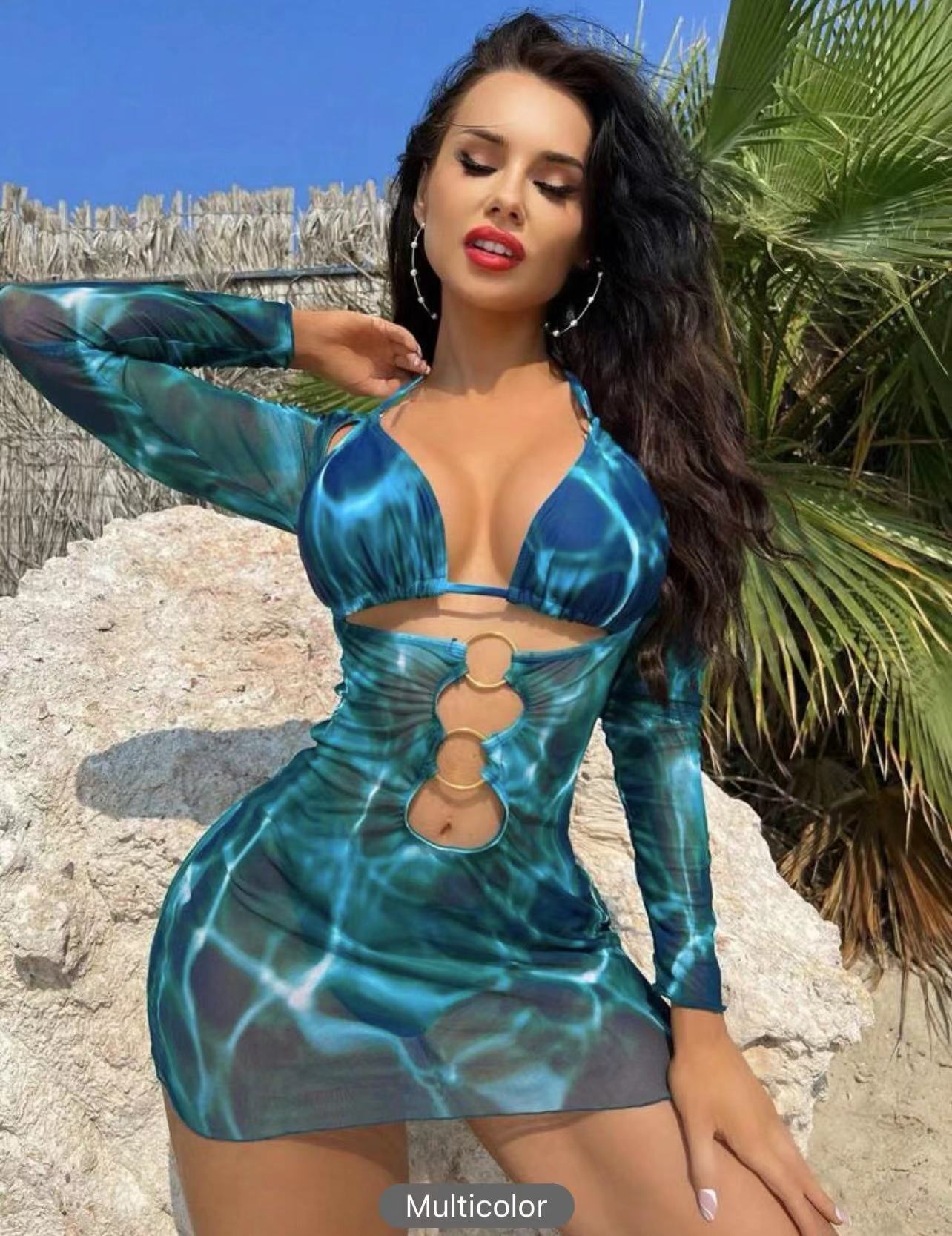 Polyester Fabric Type Women's Solid Color 3 Pieces Set Bikinis Swimwear
