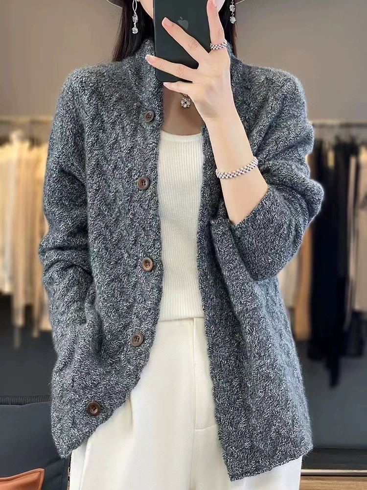 Cashmere cardigan, solid woolen long-sleeve, sweater, increased thickness, oversize