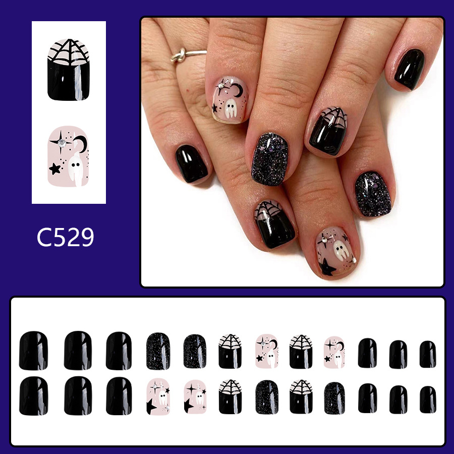 Adesivo per manicure con trapano a forma di ragno fantasma di Halloween, quadrato corto e luminoso, regalo di personalità speciale, adatto per le donne, 24 pezzi_voghion.com