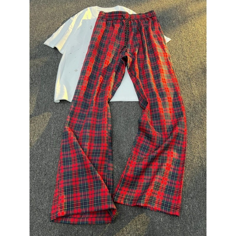 Dopamine Red Casual Plaid Pants for Men, Summer Thin Versatile Straight Pants, Hip-Hop Trendy Sports Slightly Flared Pants