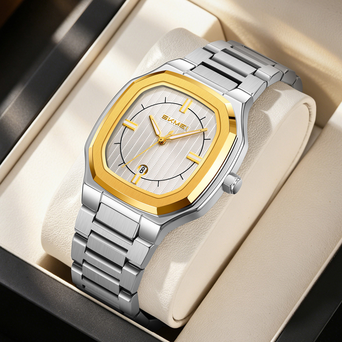 Momento de acero inoxidable oro octogonal reloj de cuarzo calendario impermeable hombre reloj de negocios fábrica de comercio exterior