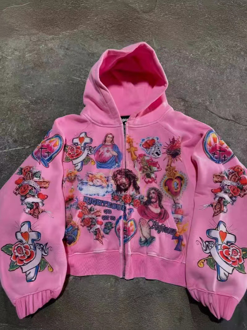 Felpa con cappuccio e cerniera, casual, ampia e comoda, con stampa di cartoni animati, da uomo, per donne e adolescenti._voghion.com