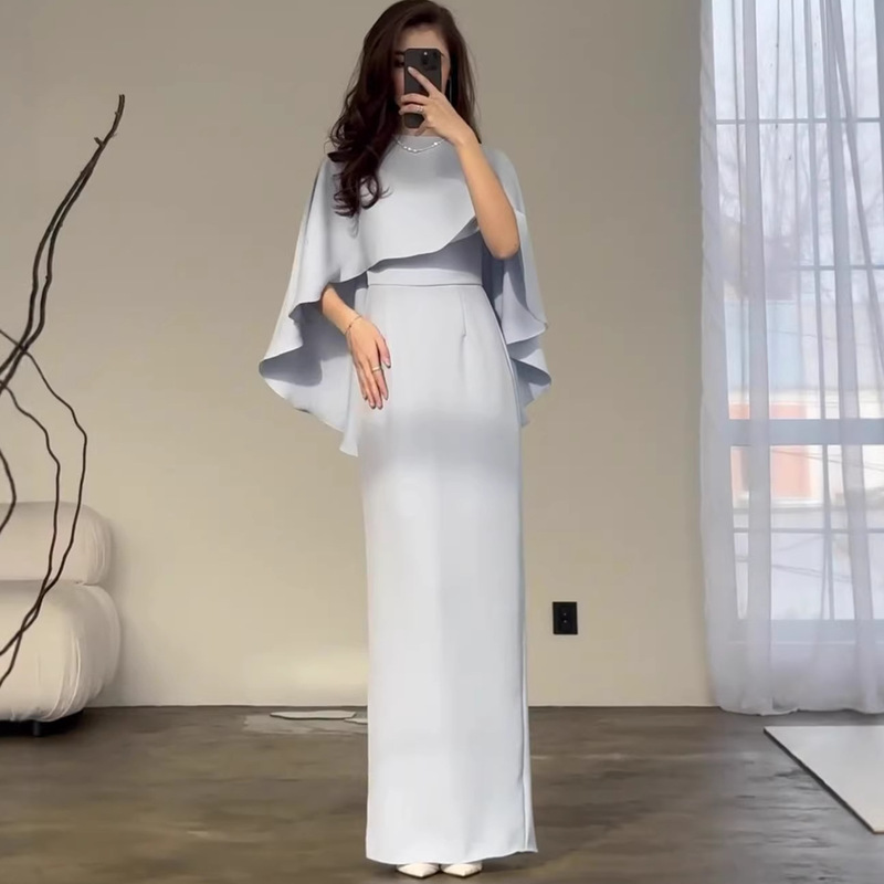 Elegant Waist-Cinching Solid Color Satin Batwing Cape 2024 New Long-Sleeve Dress Amazon Europe and America Elegant Waist-Cinching Solid Color Satin Batwing Cape 2024 New Long-Sleeve Dress Amazon Europe and America