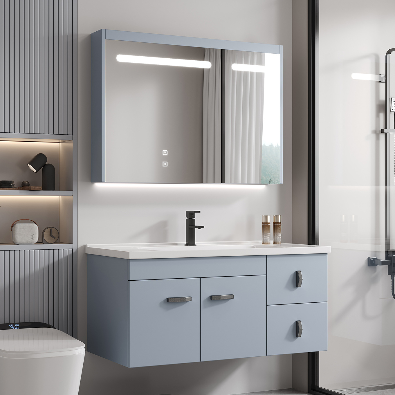 Gabinete de baño de acero inoxidable azul simple combinación de cerámica en una bañera lavabo gabinete