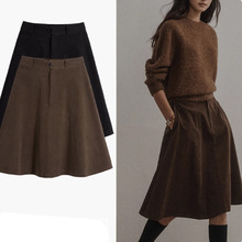 复古灯芯绒半身裙女秋冬季新款高腰A字中裙中长款百搭五分伞裙子