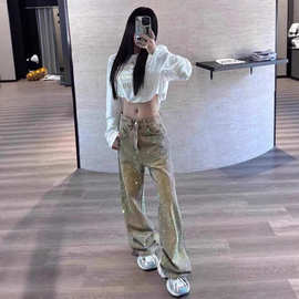 2025秋美式复古设计感烫钻石牛仔裤女2025秋季新款满天星重工爆闪