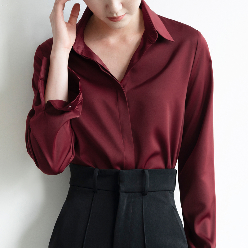Vintage Burgundy Women's Satin Shirt with Light Luxury Fashion Hidden Placket Design, Slightly Loose Slimming Long Sleeve Elegant Shirt