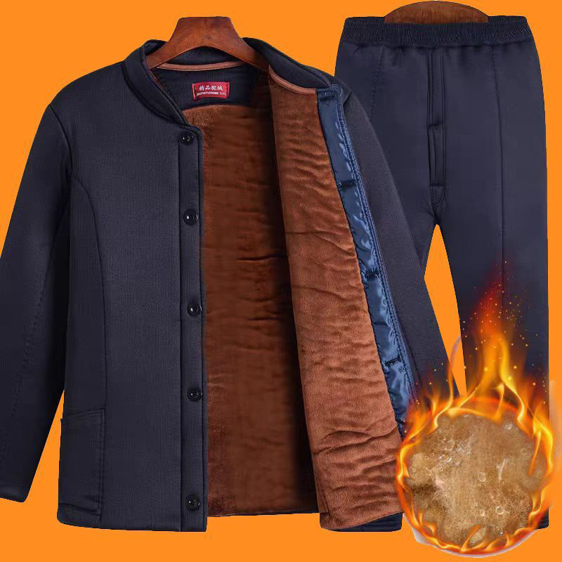 Middle-Aged and Elderly Cotton Clothing Winter Dad's Fleece-Lined Thickened Cotton Pants Casual Style Warm Grandpa Cardigan Set Cotton Clothing Camel Wool