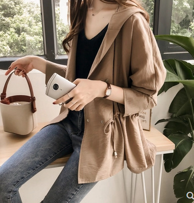 Early Autumn Women's New 2022 Korean Style Loose bf Hooded Windbreaker Women's Mid-length Slim Long-sleeved Cardigan Jacket