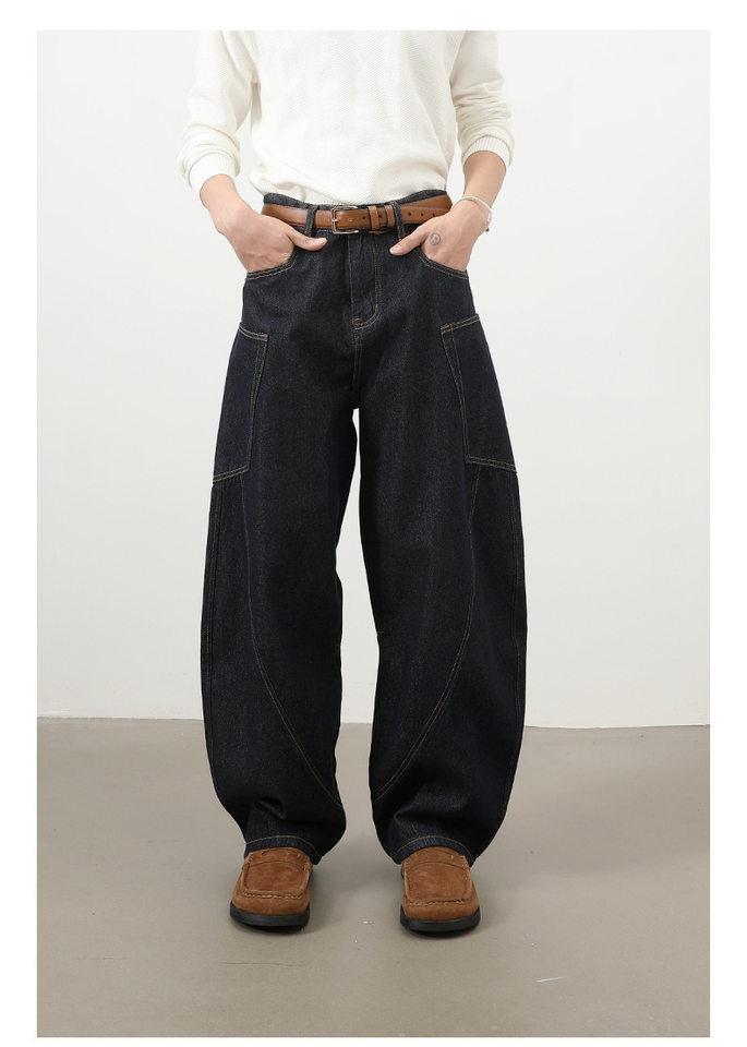 Quần jean nam ống rộng phong cách đường phố retro, nhiều túi hộp, dáng lỏng lẻo — Denim đen, Trắng, màu hồng, màu xanh chi tiết 4