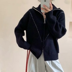 2025秋冬季新款高领毛衣女款气质显瘦宽松双拉链针织开衫外套上衣