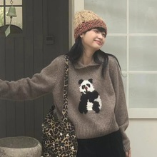 2024秋冬继续出货/韩国东大门休闲复古熊猫小翻领套头毛衣