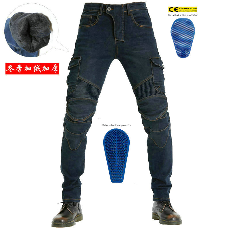 VOLERO pantalones vaqueros de la motocicleta de los hombres de invierno de lana forrada pantalones de ciclismo multi-Bolsa de la motocicleta monos de silicona alargada