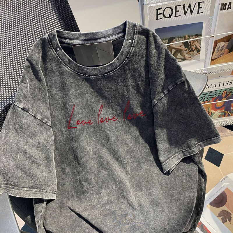 Summer New Style Pure Cotton American Style Retro High Street Short-sleeved Washed Old T-shirt Unisex Loose Ins Style Top for Men and Women